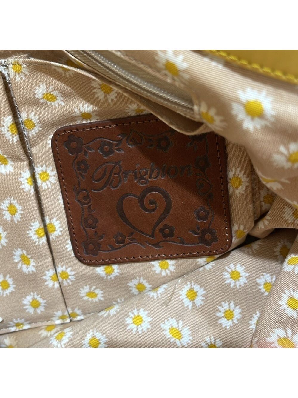 Brighton Crochet Straw Rafia Tote Bag Daisy Print Lining Yellow - Picture 6 of 7